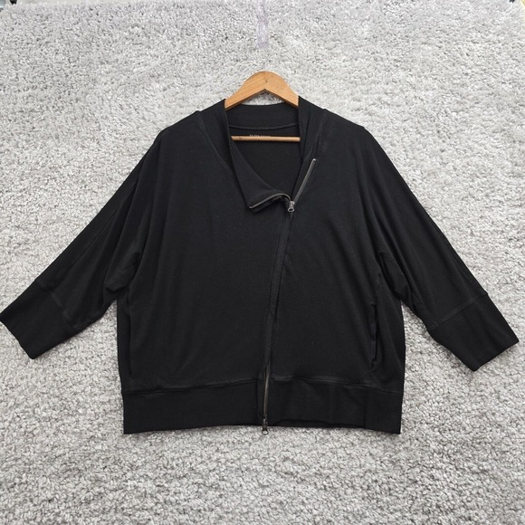 Eileen Fisher Jacket Womens Large Black Asymmetrical Zipper 1/3 Sleeve Stretch - Picture 1 of 12